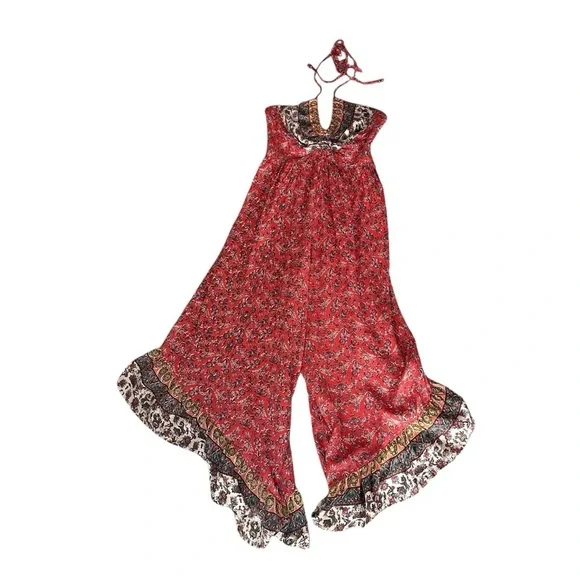Angie Red Floral Print V-Neck Ruffle Hem Halter Bohemian Jumper Size Small - Picture 2 of 9